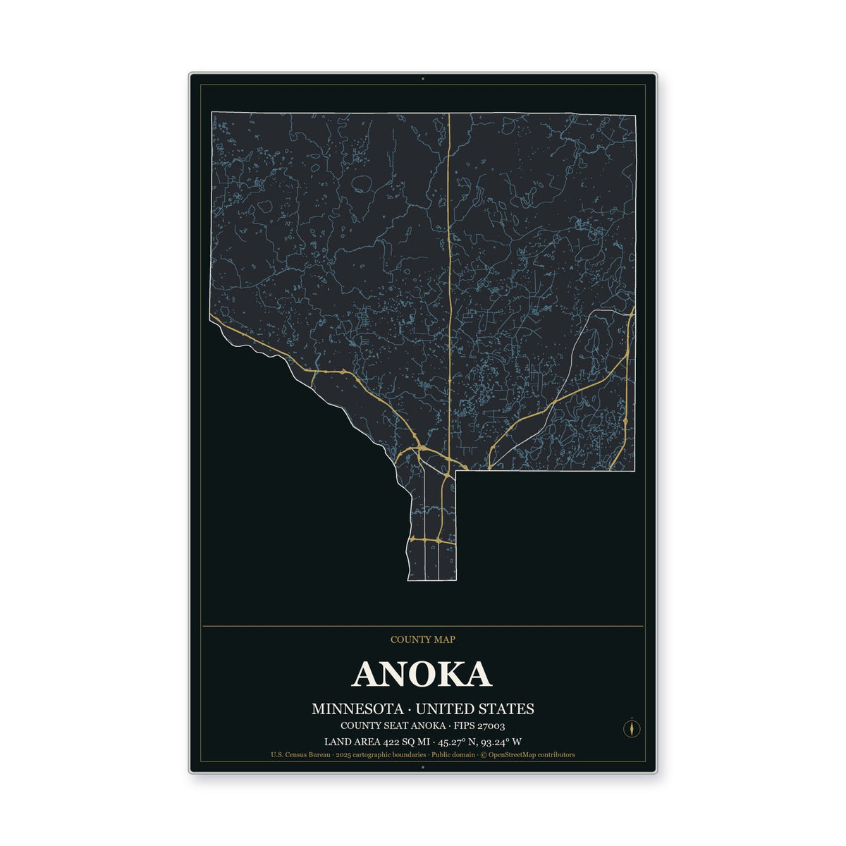 Anoka County, Minnesota Map Aluminum Sign in Metropolitan Noir style