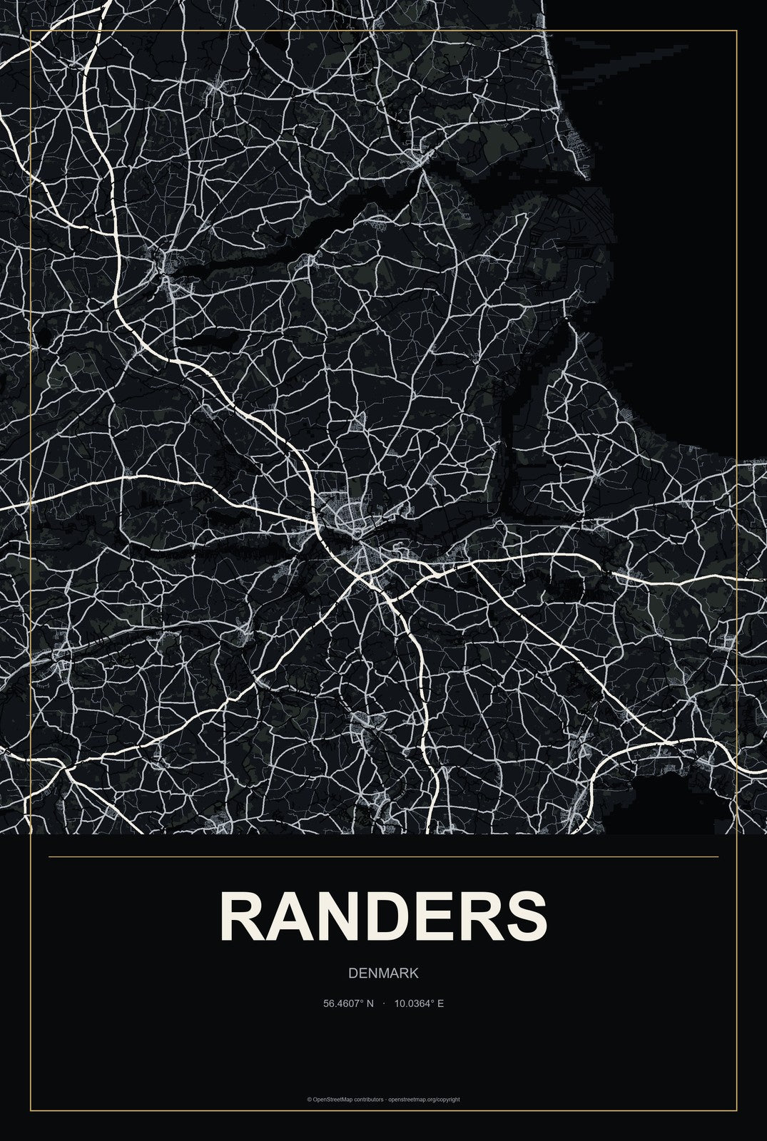 Randers, Denmark City Map Aluminum Sign in Metropolitan Noir style