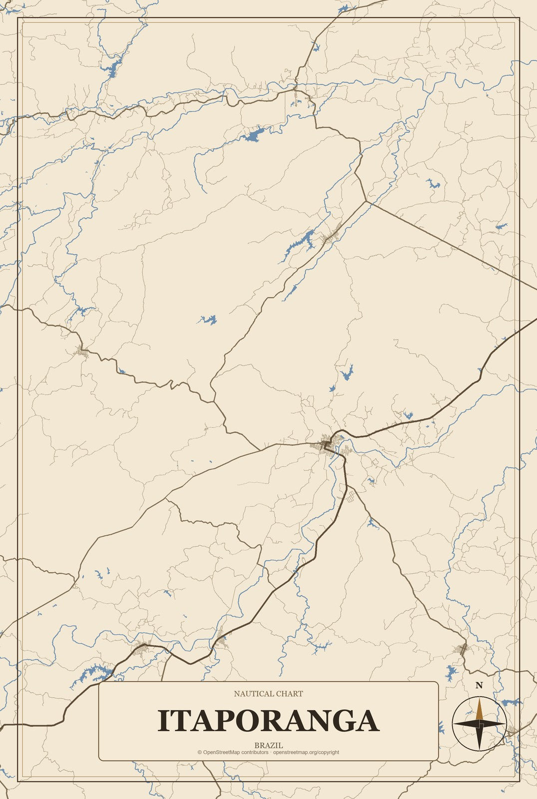 Itaporanga, Paraíba, Brazil City Map Aluminum Sign in Heritage Nautical style