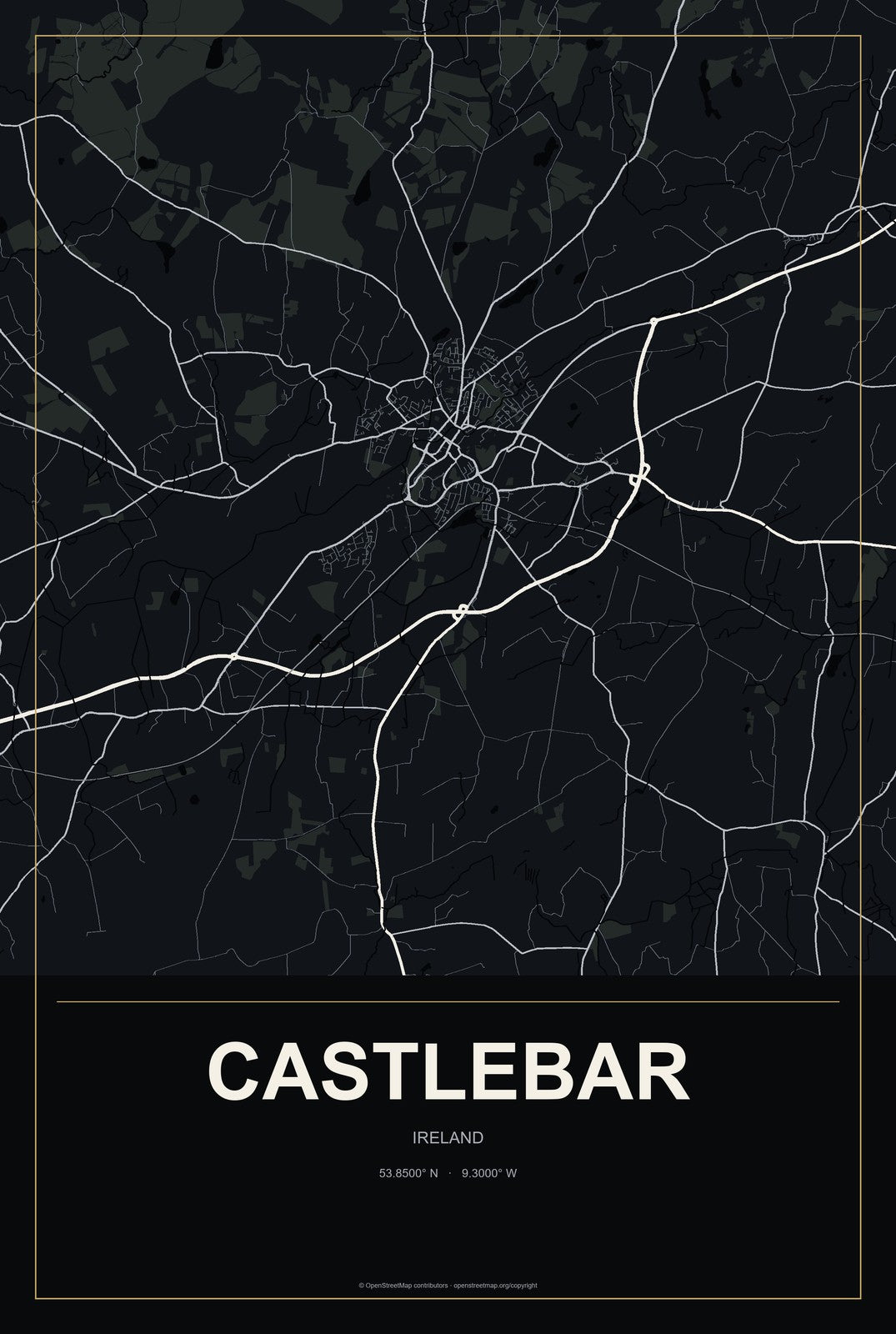 Castlebar, Ireland City Map Aluminum Sign in Metropolitan Noir style