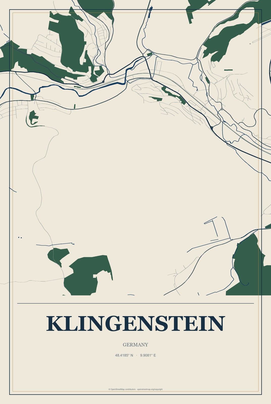 Klingenstein, Germany City Map Aluminum Sign in Coastal Cutout style