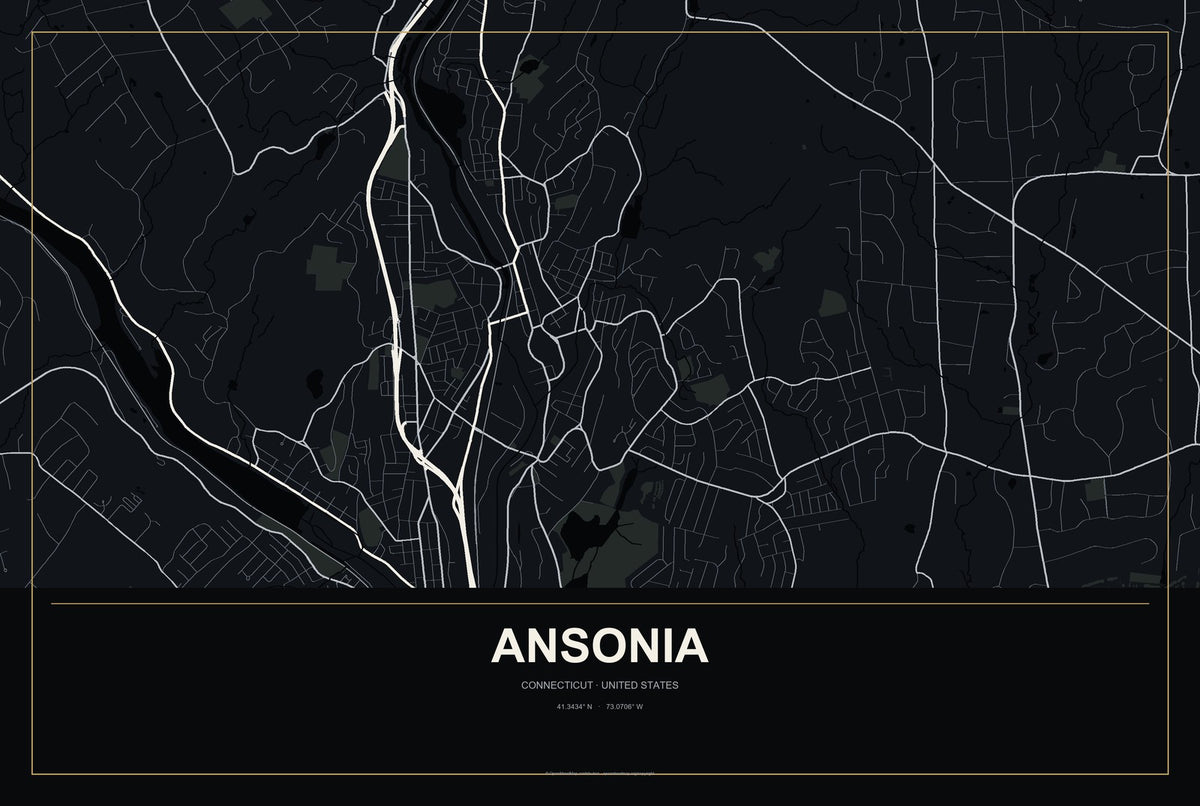 Ansonia, Connecticut City Map Aluminum Sign in Metropolitan Noir style