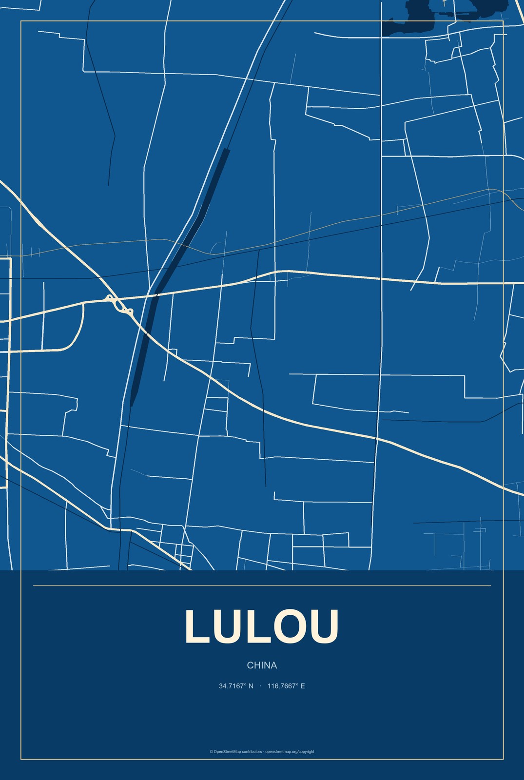 Lulou, China City Map Aluminum Sign in Harbor Cobalt style