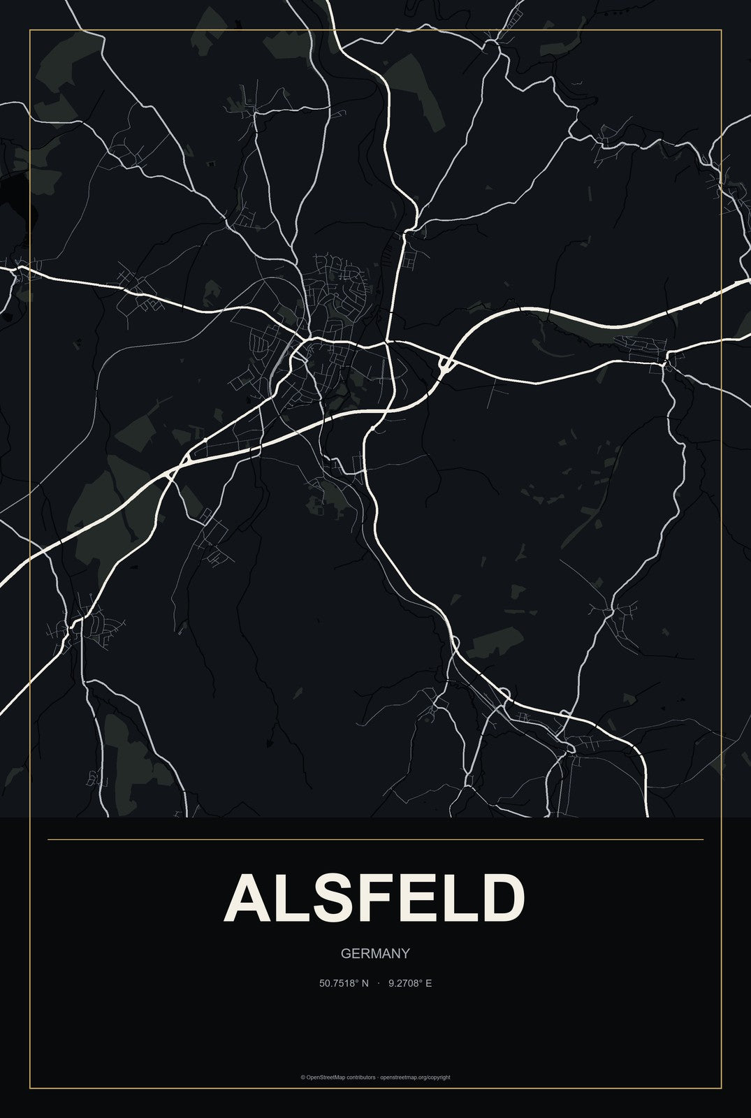 Alsfeld, Germany City Map Aluminum Sign in Metropolitan Noir style