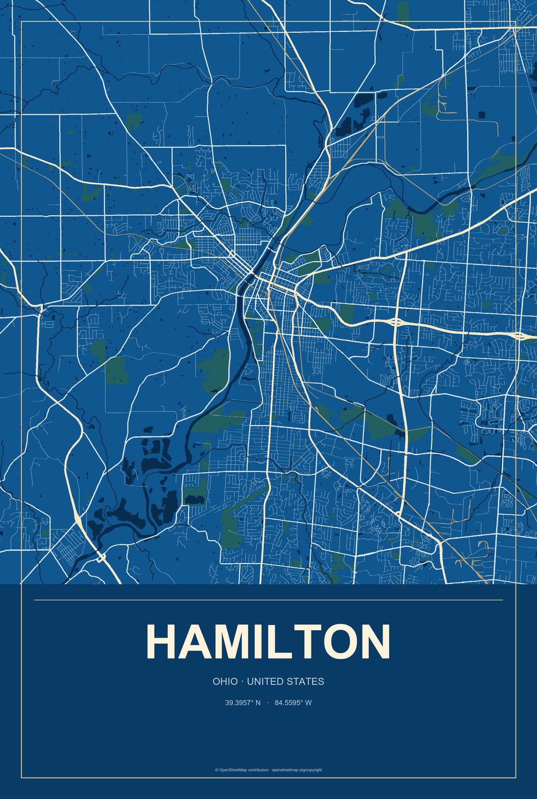 Hamilton, Ohio City Map Aluminum Sign in Harbor Cobalt style