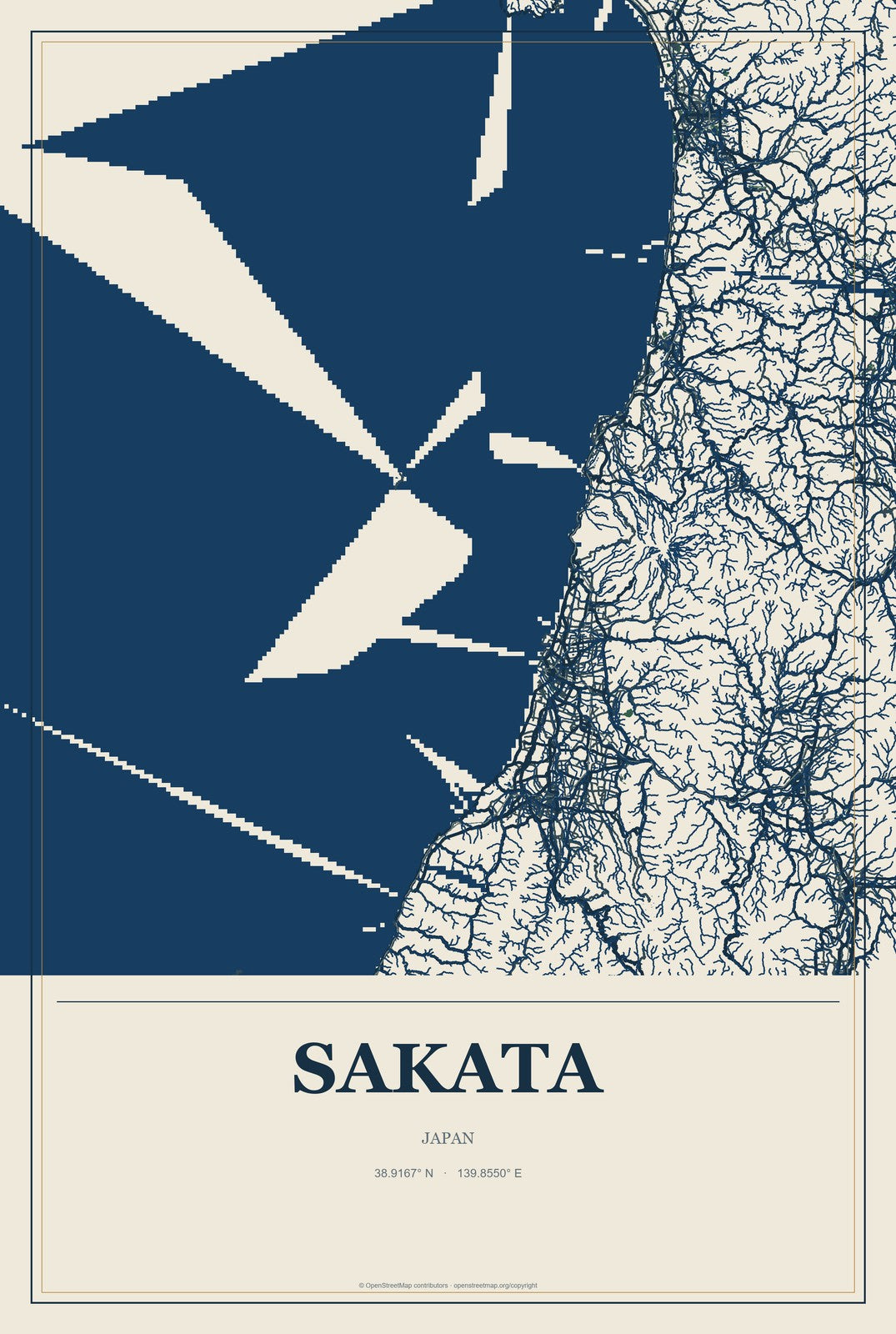 Sakata, Japan City Map Aluminum Sign in Coastal Cutout style