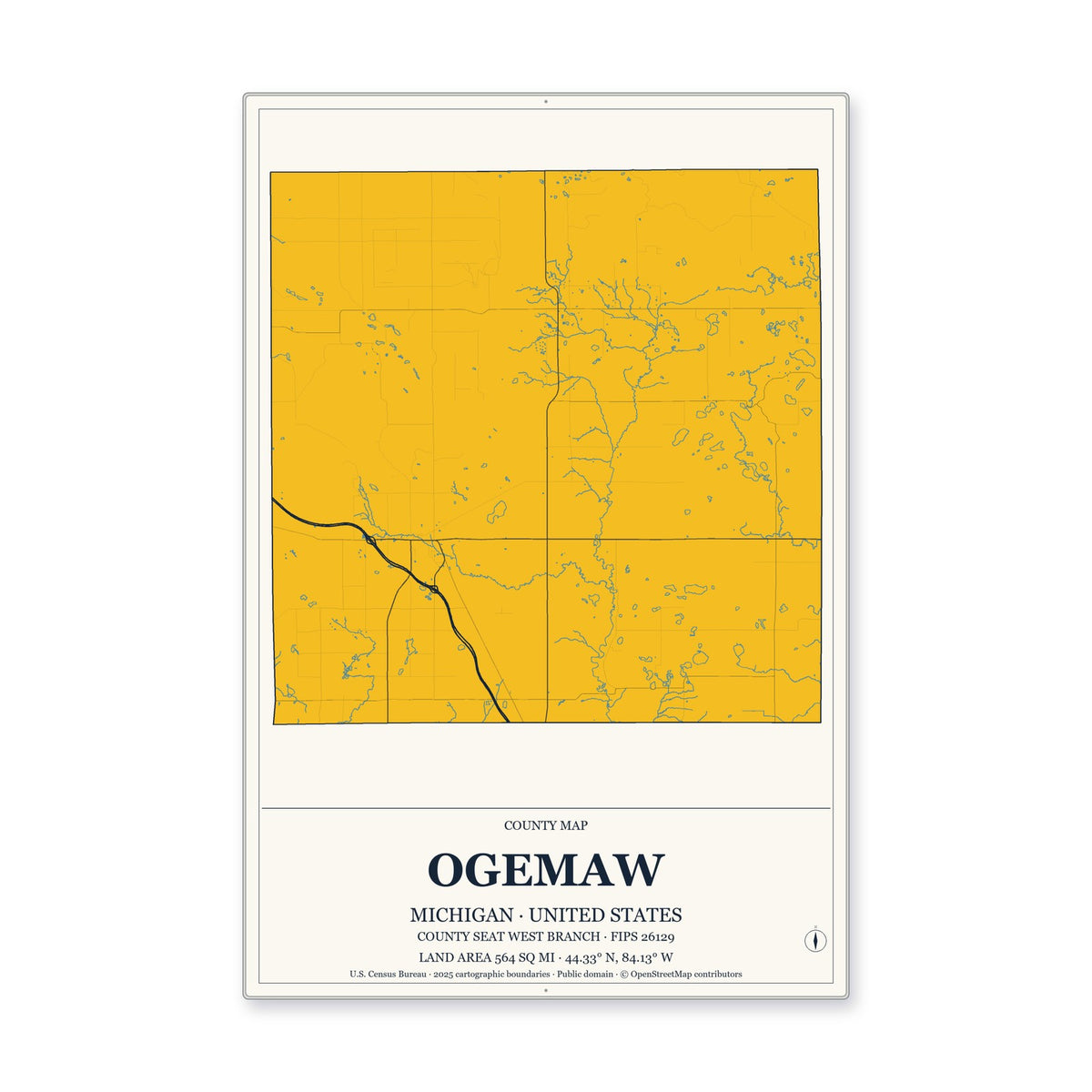 Ogemaw County, Michigan Map Aluminum Sign in Citrine Modern style