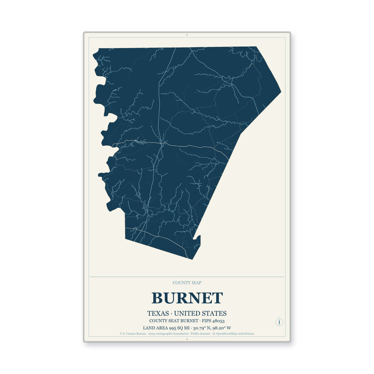 Burnet County, Texas Map Aluminum Sign in Coastal Cutout style