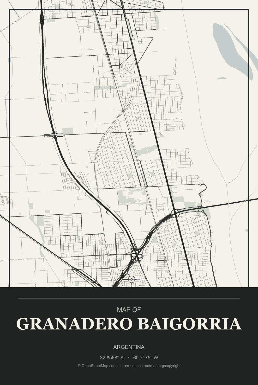 Granadero Baigorria, Argentina City Map Aluminum Sign in Museum Plaque style