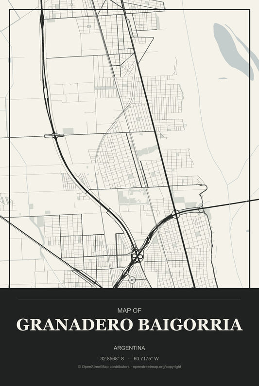 Granadero Baigorria, Argentina City Map Aluminum Sign in Museum Plaque style