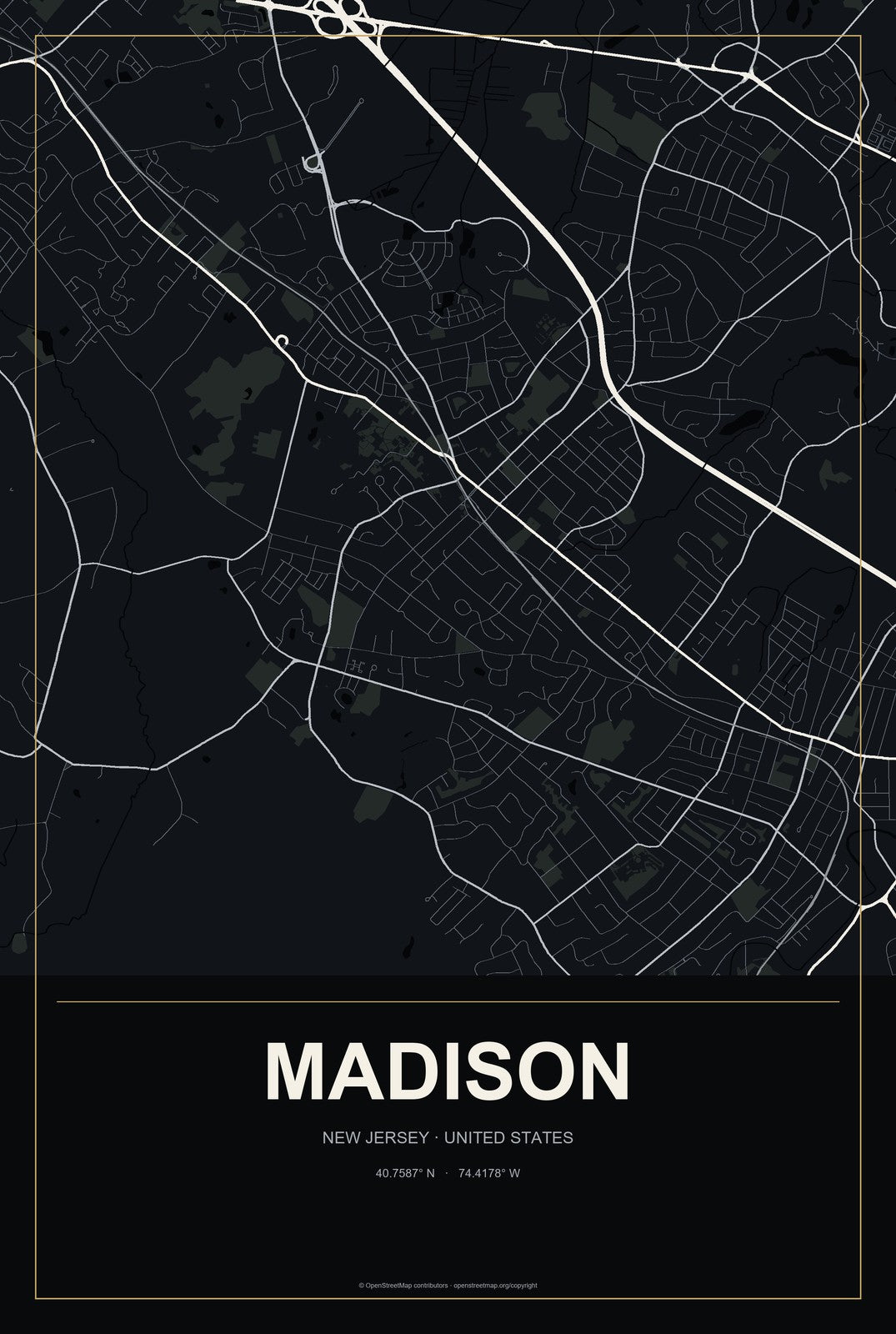 Madison, New Jersey City Map Aluminum Sign in Metropolitan Noir style