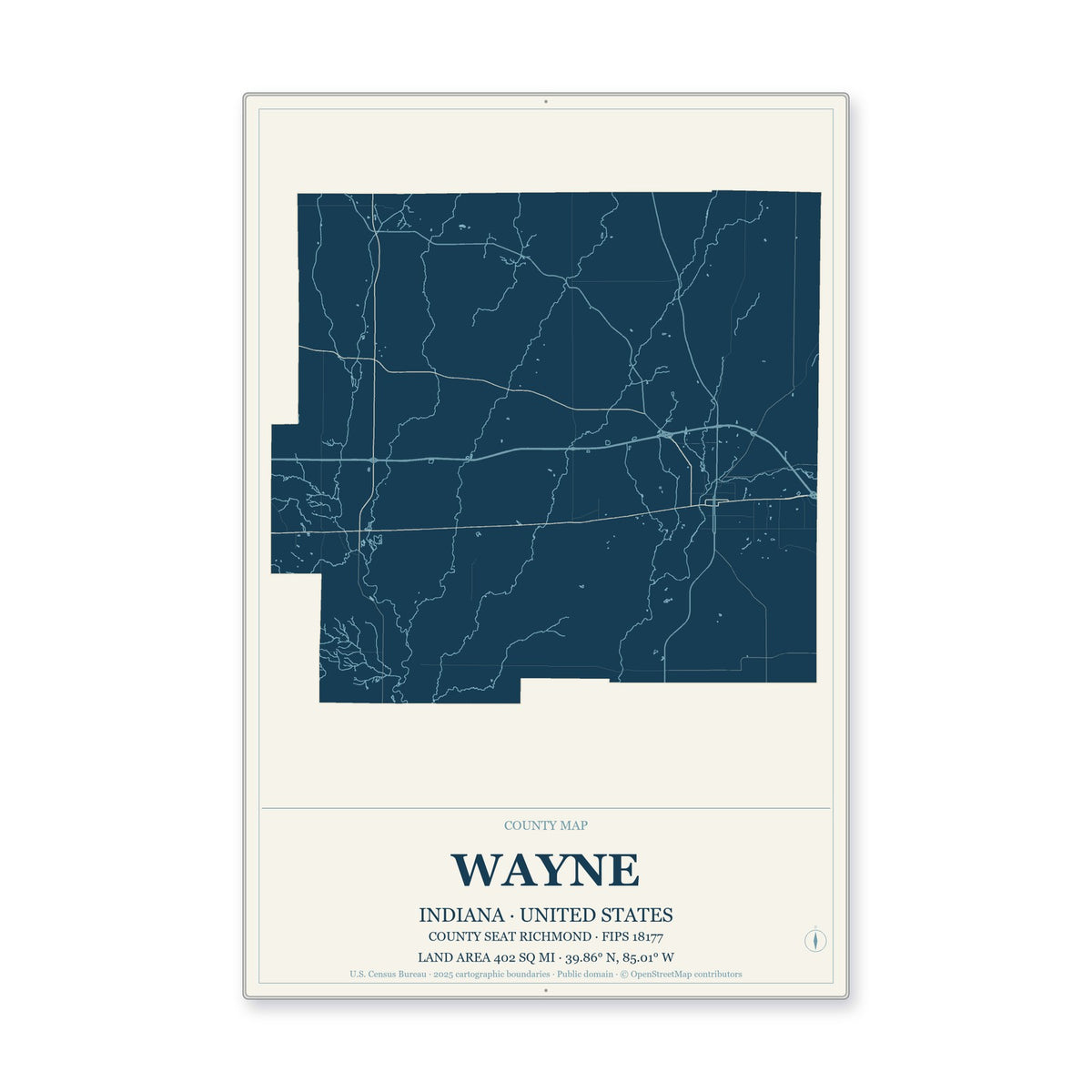 Wayne County, Indiana Map Aluminum Sign in Coastal Cutout style