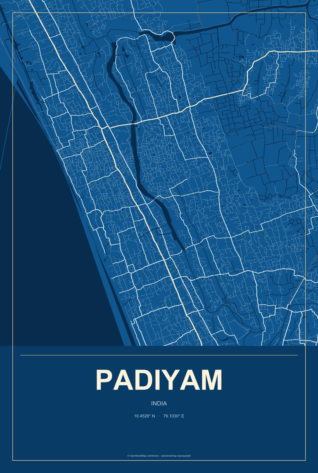 Padiyam, India City Map Aluminum Sign in Harbor Cobalt style