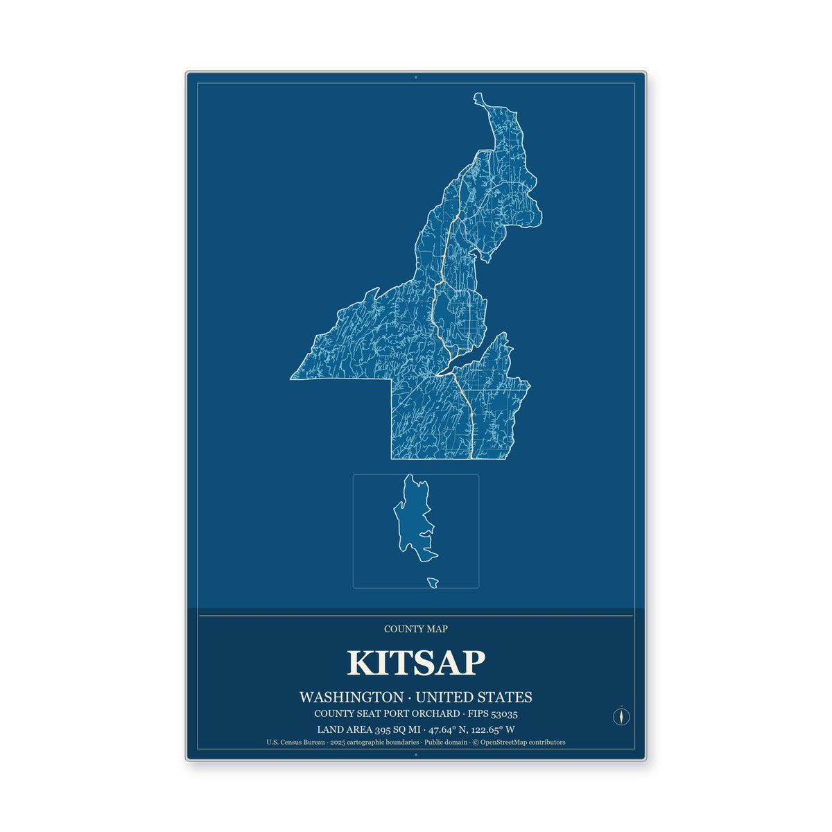 Kitsap County, Washington Map Aluminum Sign in Harbor Cobalt style