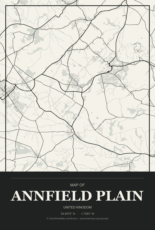 Annfield Plain, United Kingdom City Map Aluminum Sign in Museum Plaque style