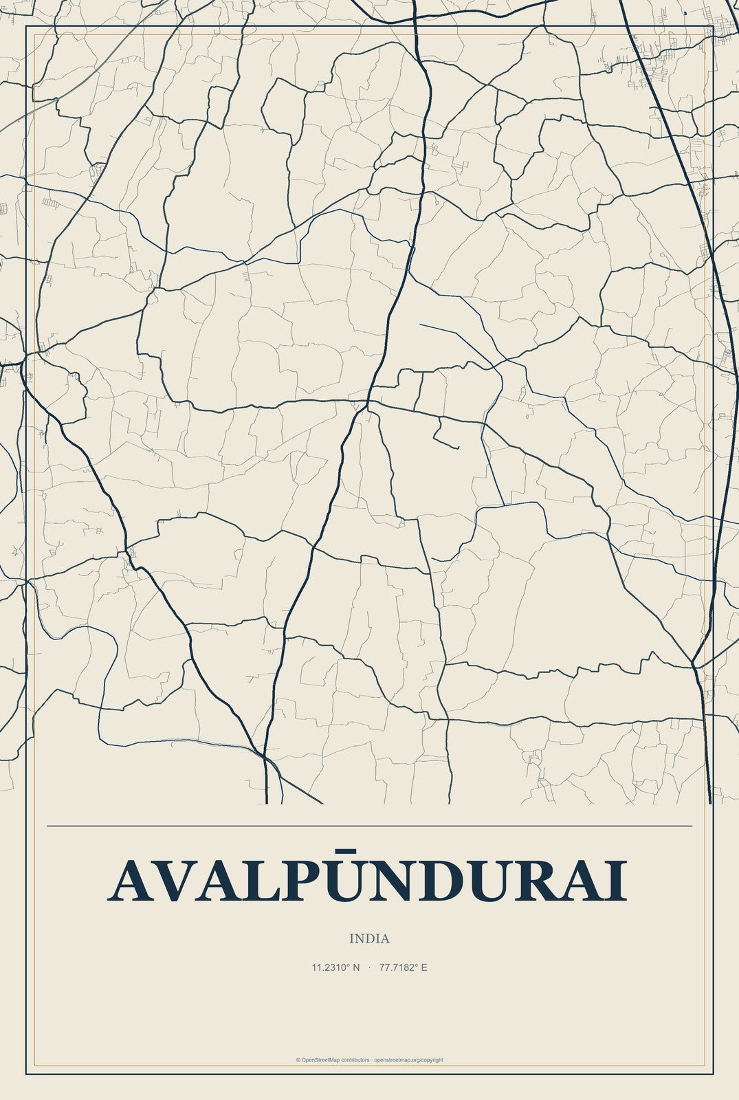 Avalpūndurai, India City Map Aluminum Sign in Coastal Cutout style