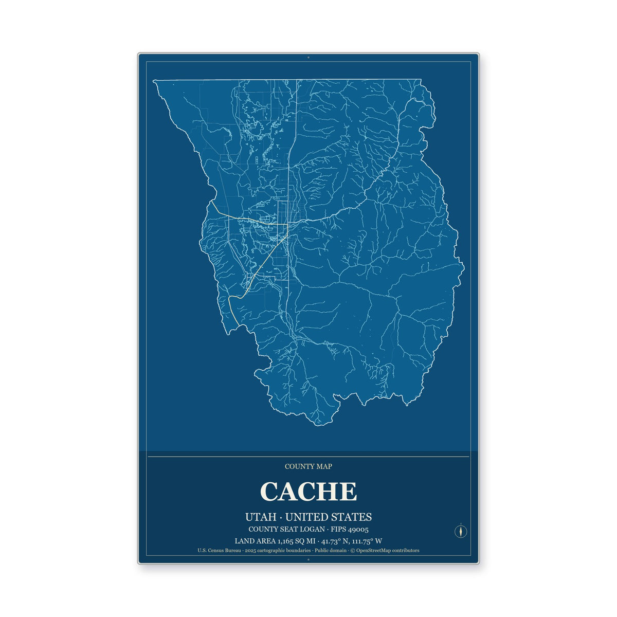 Cache County, Utah Map Aluminum Sign in Harbor Cobalt style