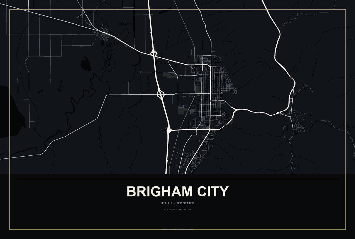 Brigham City, Utah City Map Aluminum Sign in Metropolitan Noir style