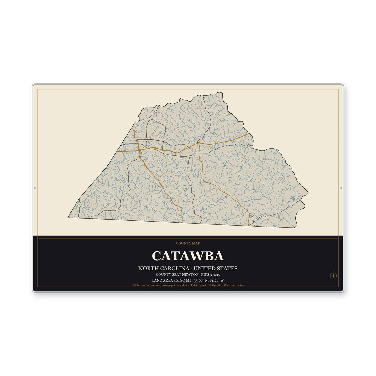 Catawba County, North Carolina Map Aluminum Sign in Museum Plaque style