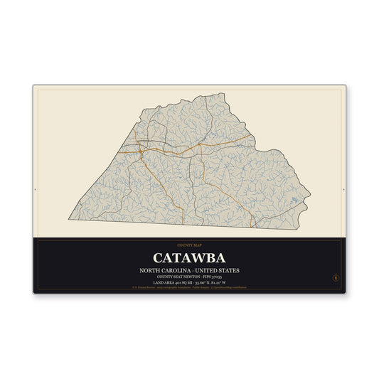 Catawba County, North Carolina Map Aluminum Sign in Museum Plaque style