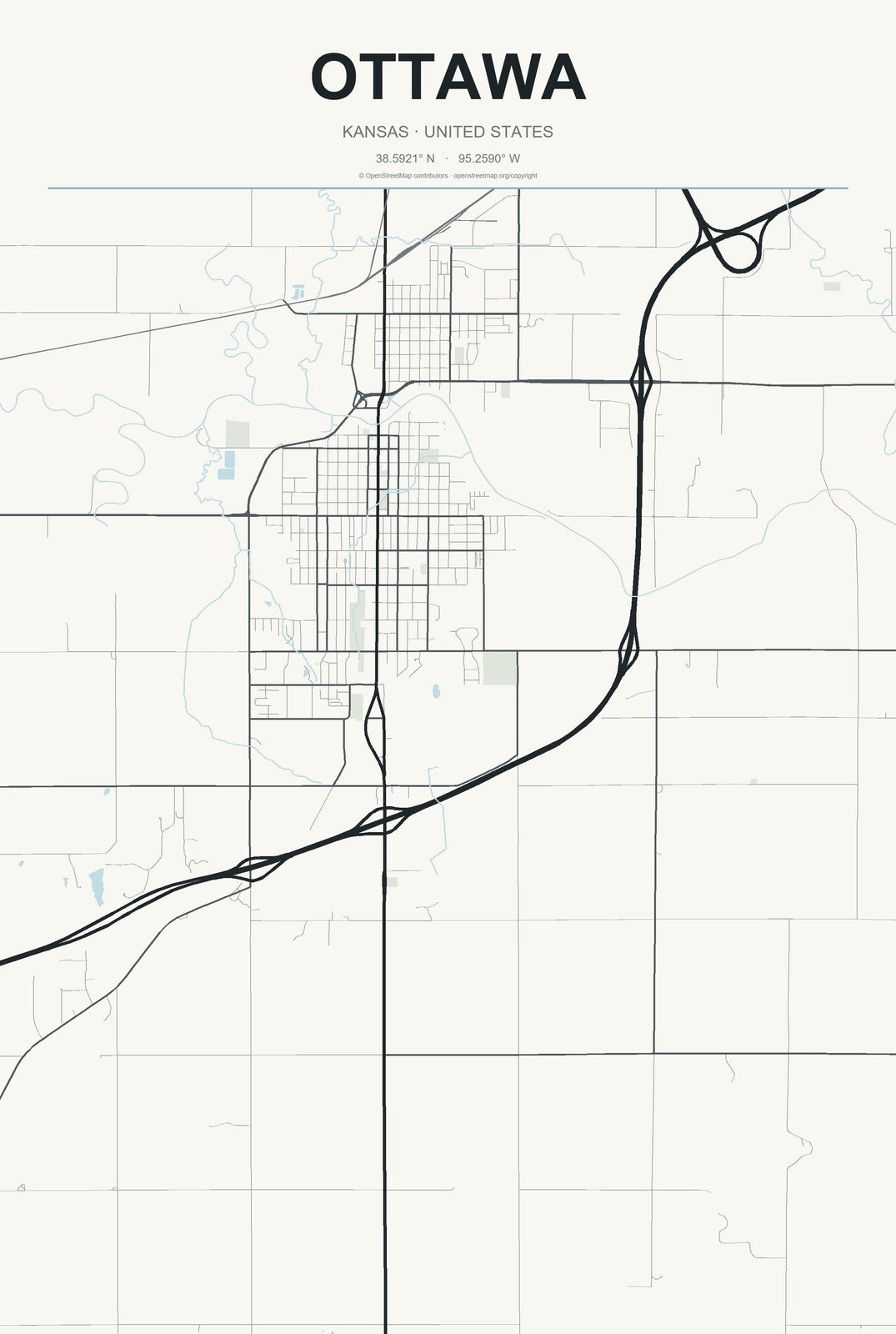 Ottawa, Kansas City Map Aluminum Sign in Headline Atlas style