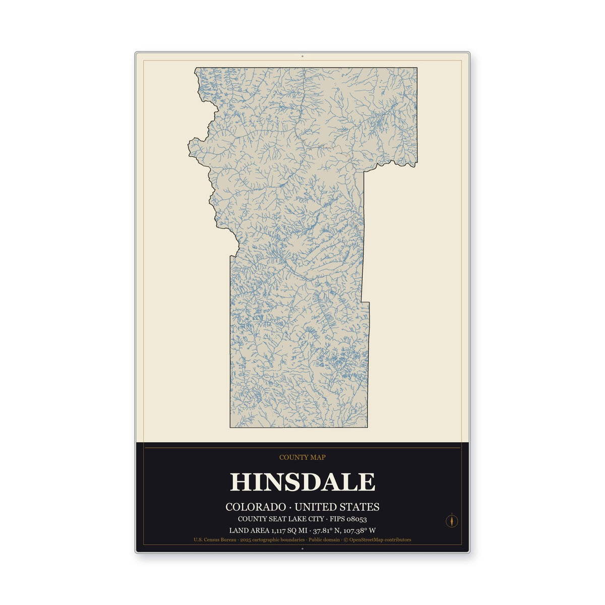 Hinsdale County, Colorado Map Aluminum Sign in Museum Plaque style