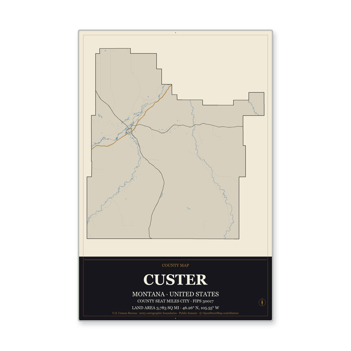 Custer County, Montana Map Aluminum Sign in Museum Plaque style