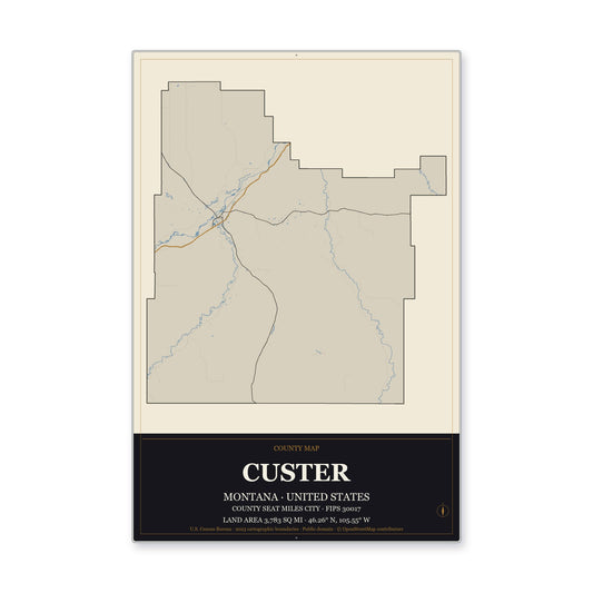 Custer County, Montana Map Aluminum Sign in Museum Plaque style