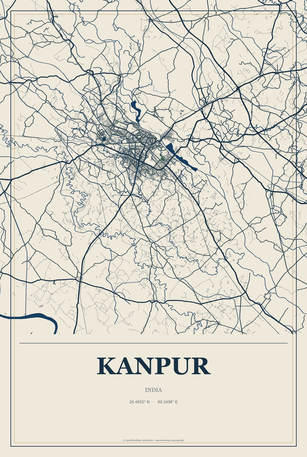 Kanpur, India City Map Aluminum Sign in Coastal Cutout style