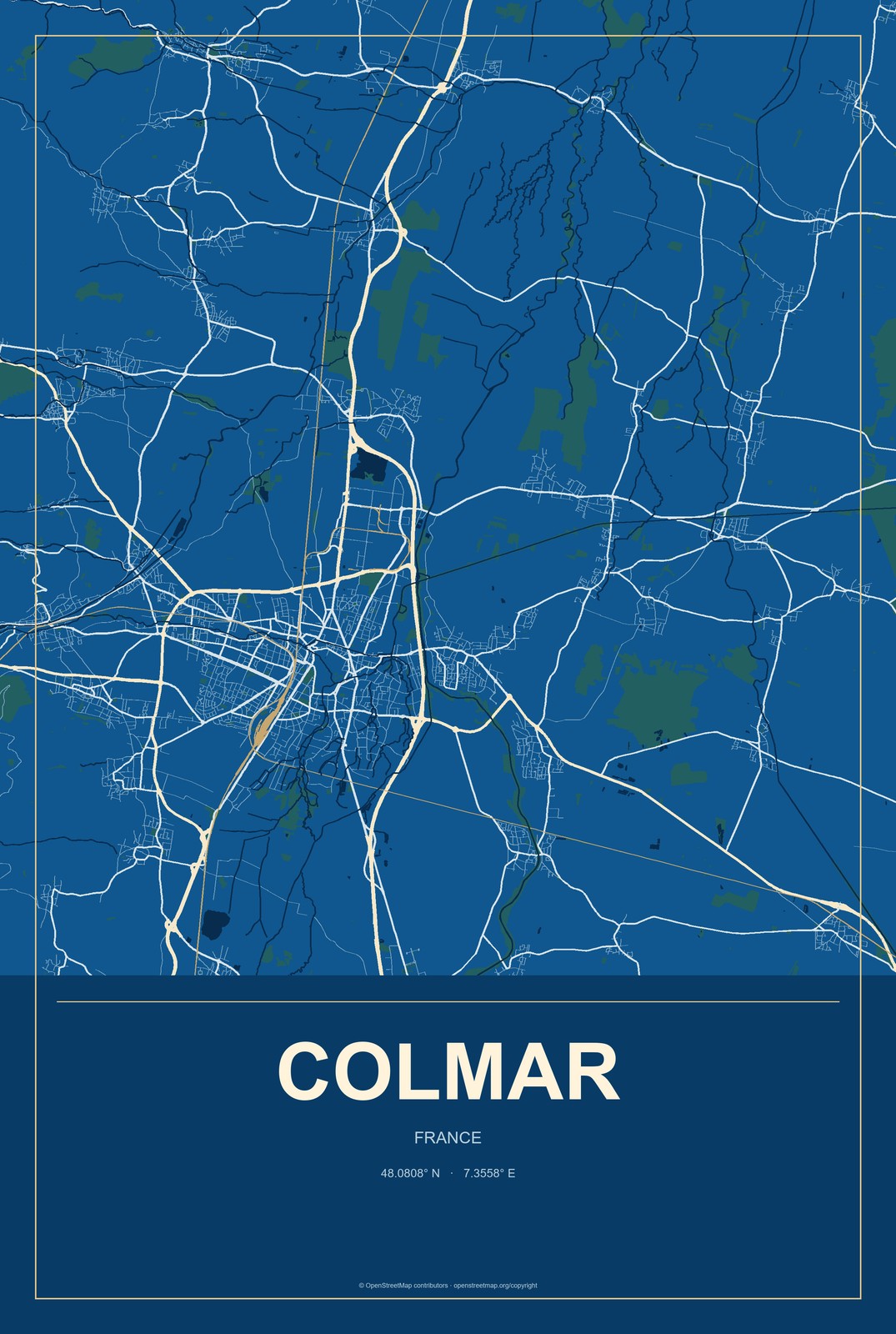 Colmar, France City Map Aluminum Sign in Harbor Cobalt style