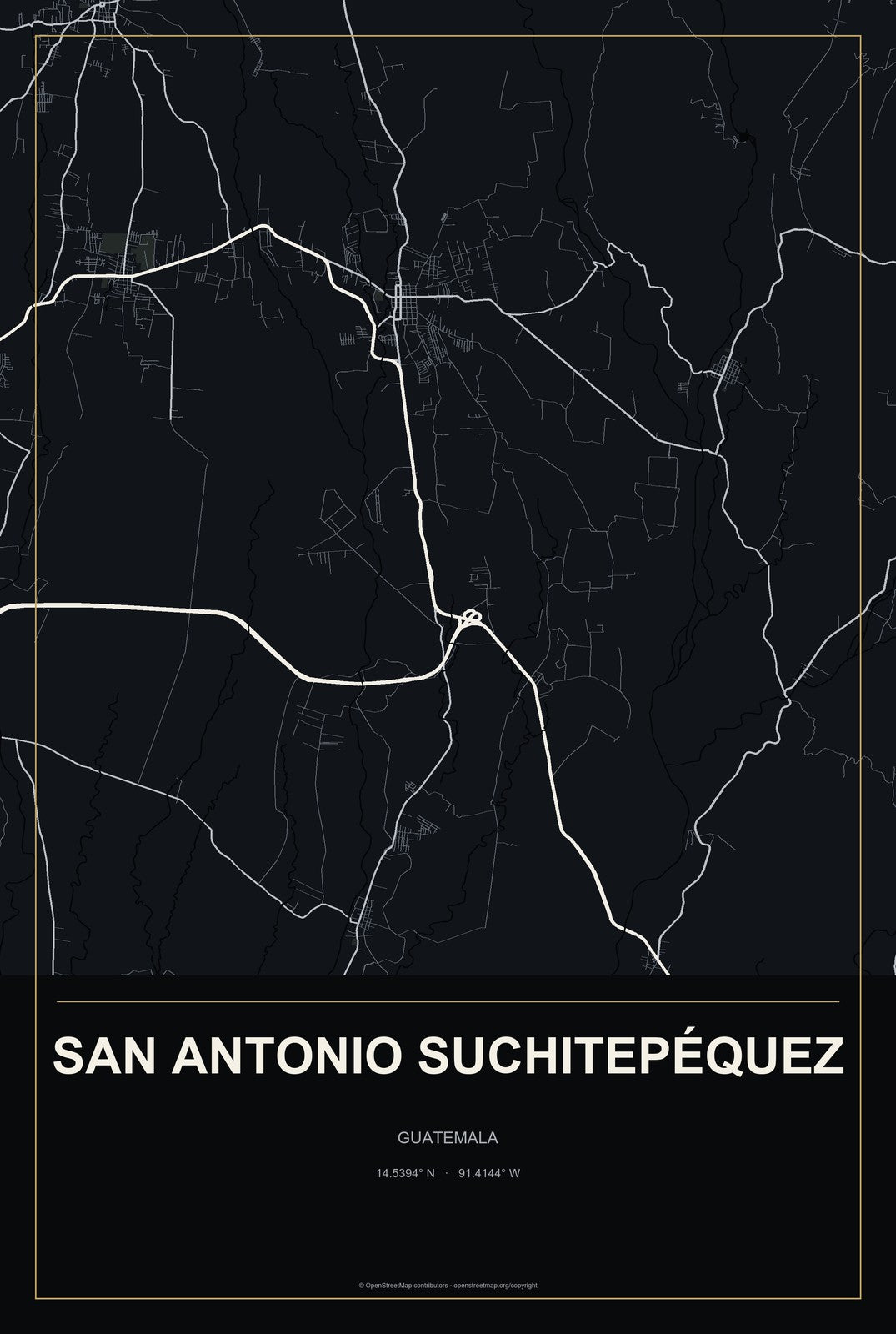 San Antonio Suchitepéquez, Guatemala City Map Aluminum Sign in Metropolitan Noir style