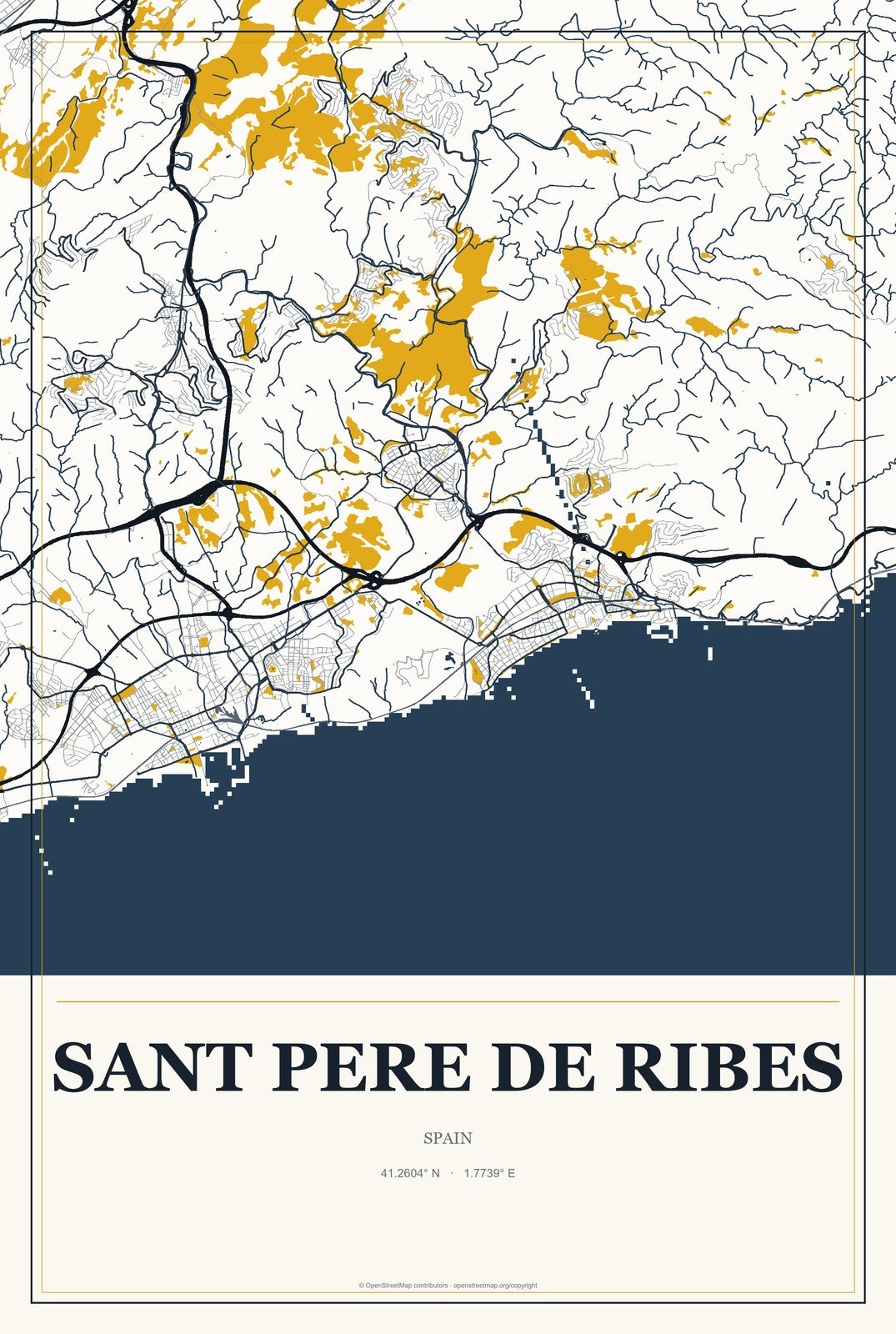 Sant Pere de Ribes, Spain City Map Aluminum Sign in Citrine Modern style
