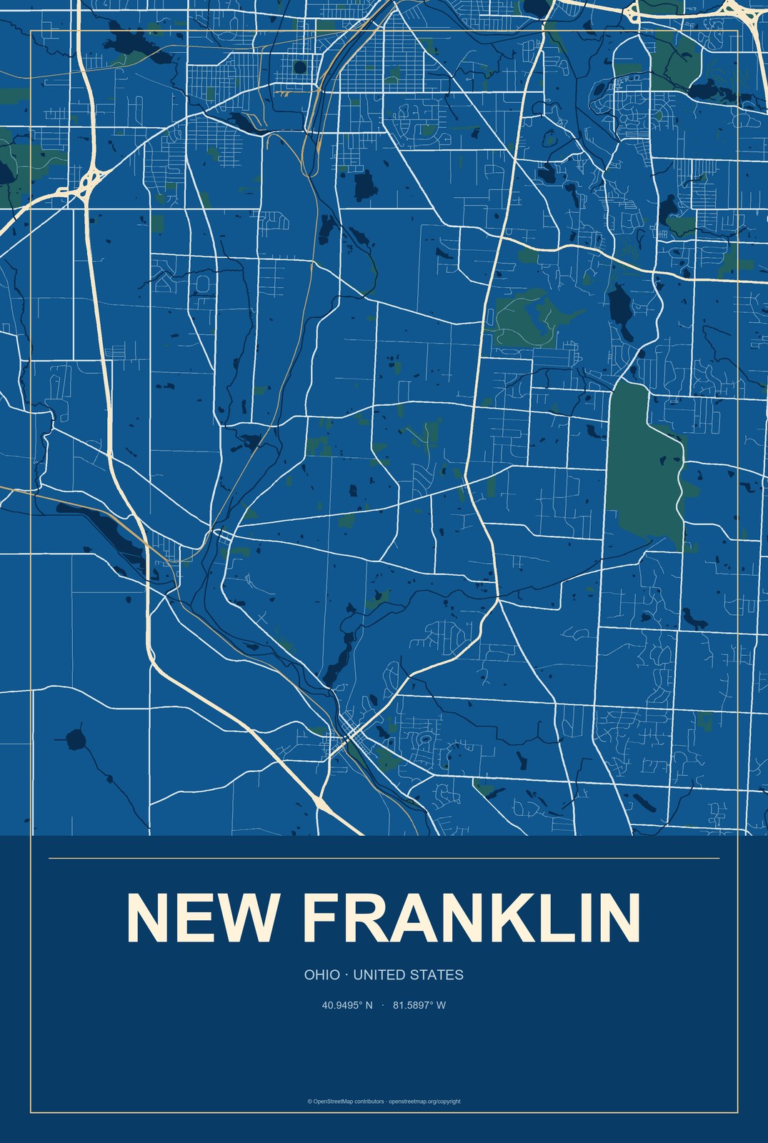 New Franklin, Ohio City Map Aluminum Sign in Harbor Cobalt style