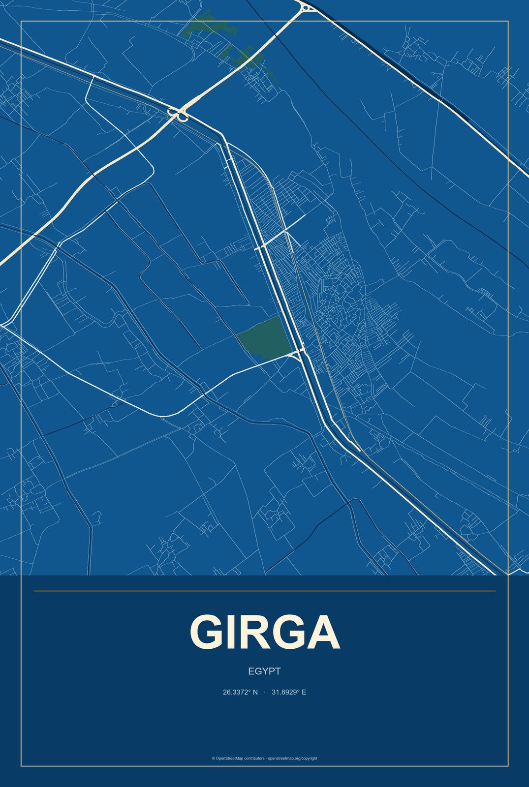 Girga, Egypt City Map Aluminum Sign in Harbor Cobalt style