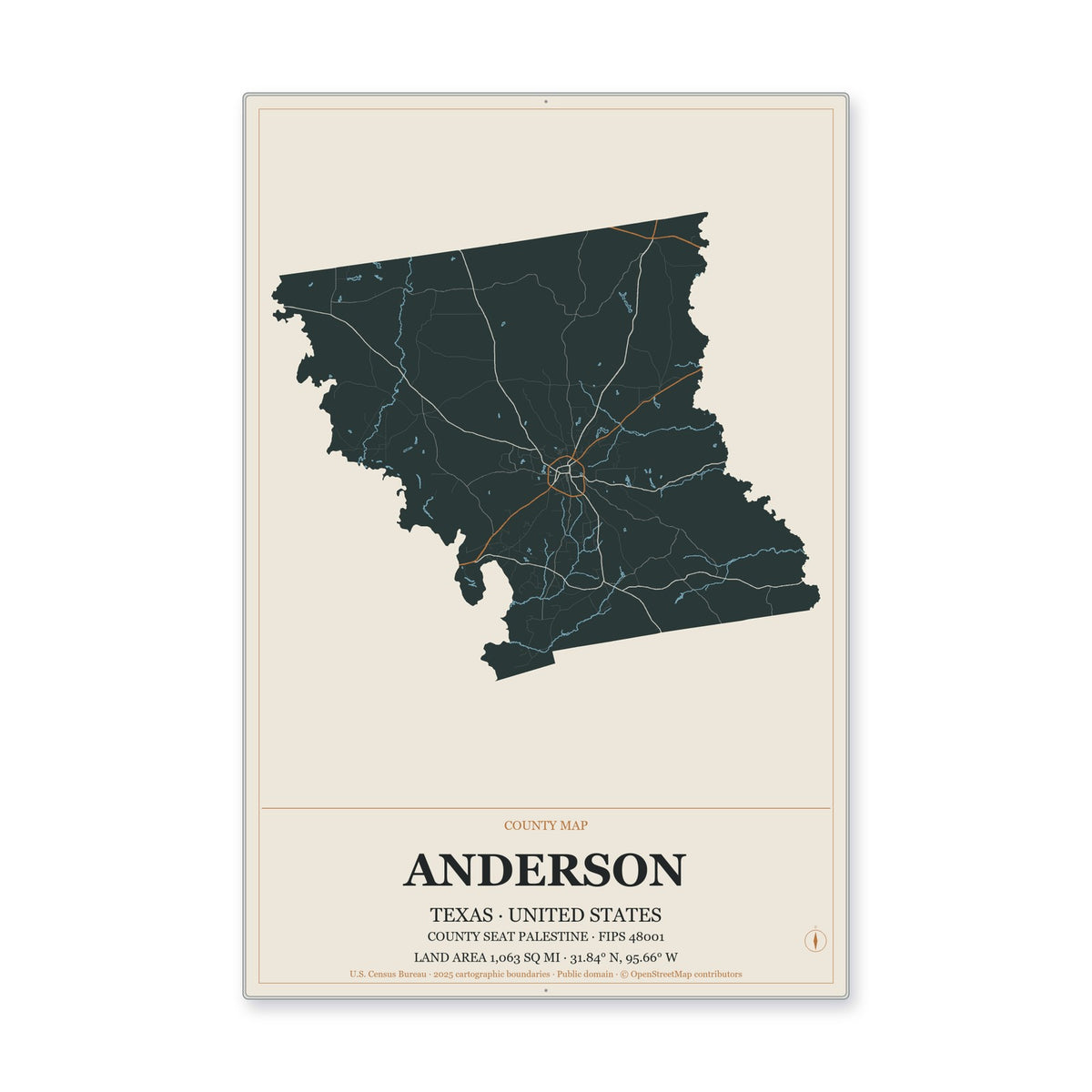 Anderson County, Texas Map Aluminum Sign in Headline Atlas style