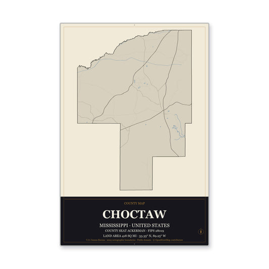 Choctaw County, Mississippi Map Aluminum Sign in Museum Plaque style