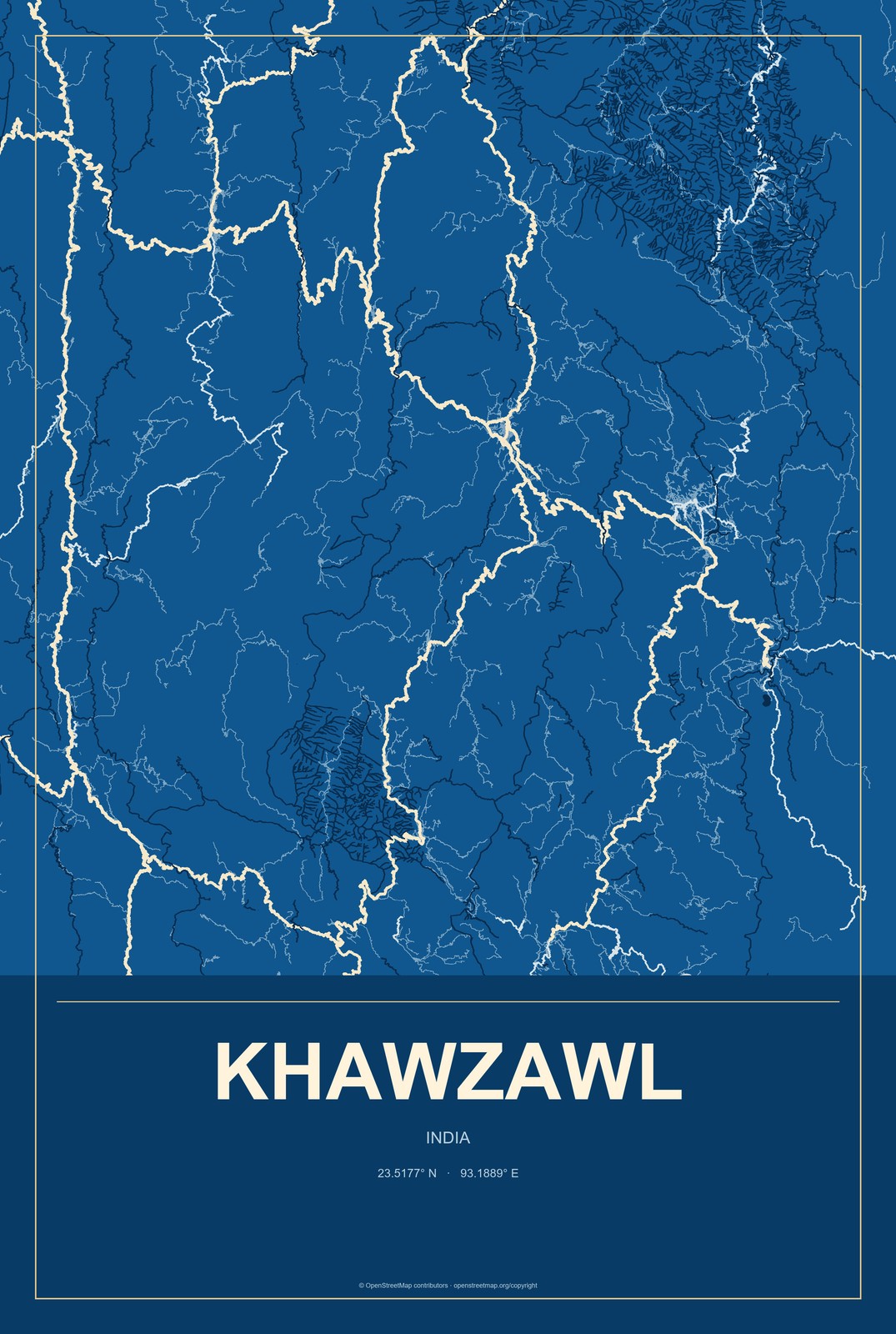 Khawzawl, India City Map Aluminum Sign in Harbor Cobalt style