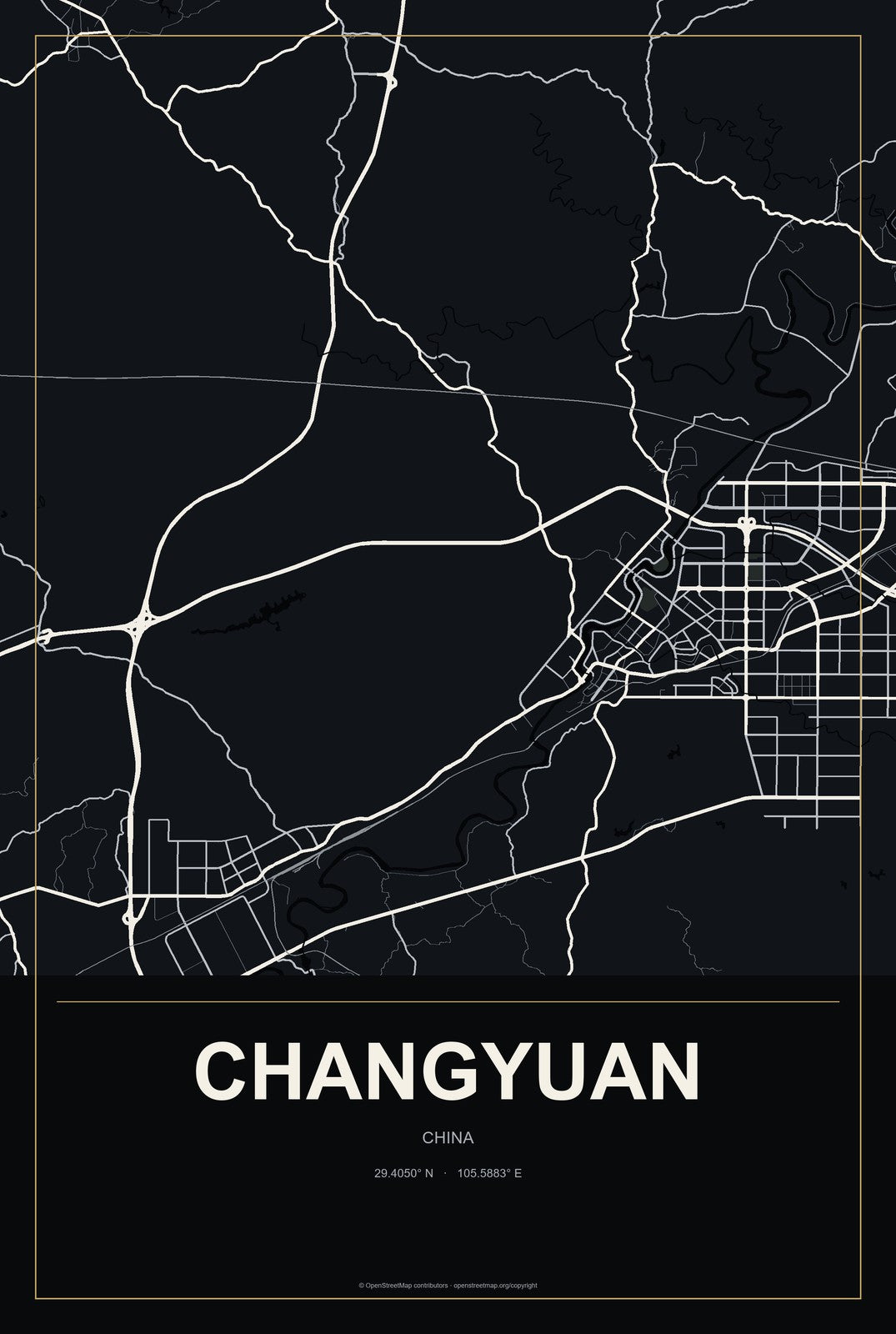 Changyuan, China City Map Aluminum Sign in Metropolitan Noir style