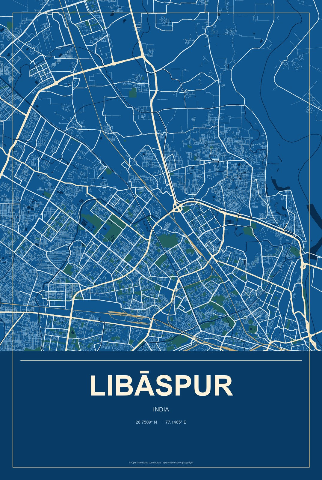 Libāspur, India City Map Aluminum Sign in Harbor Cobalt style