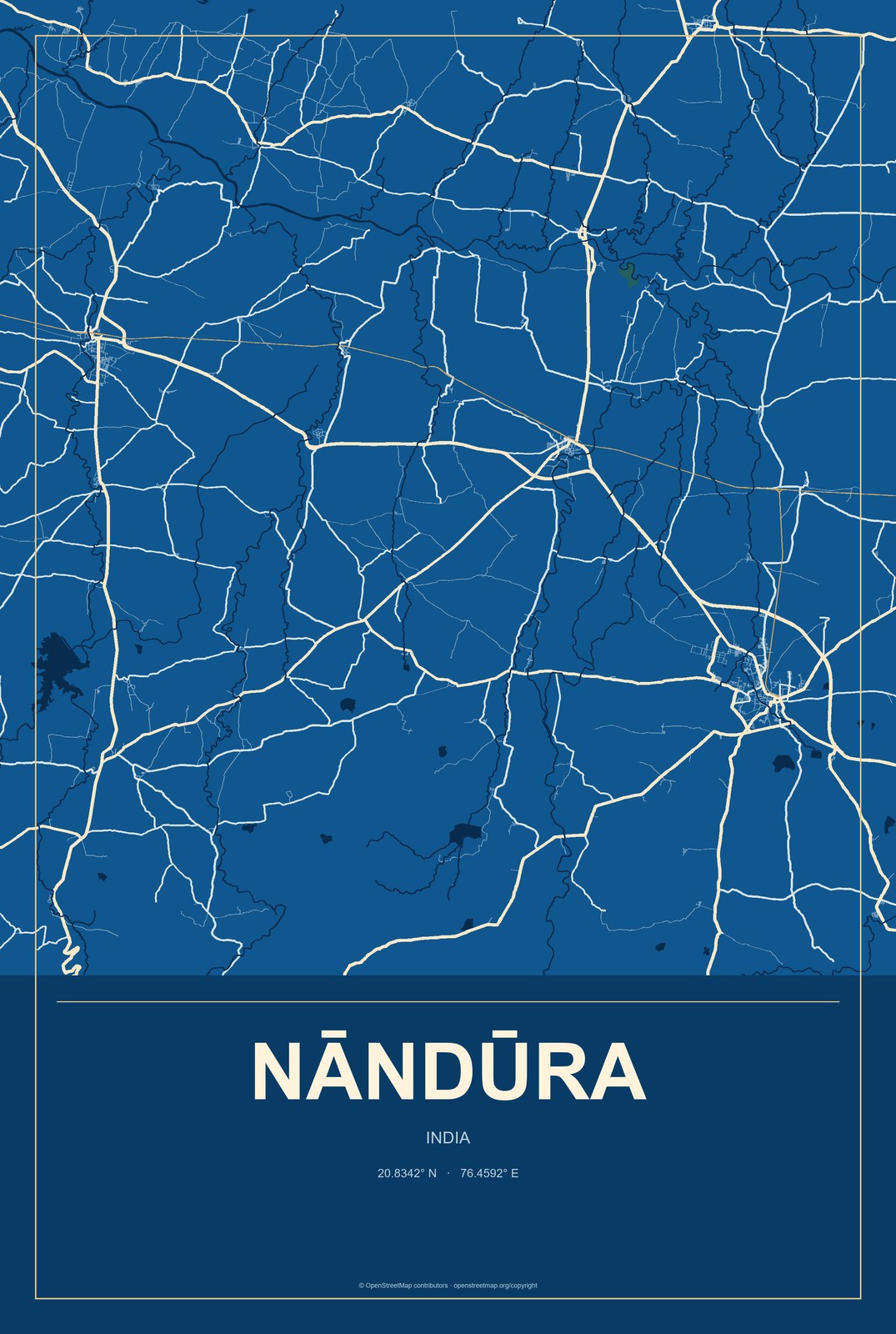 Nāndūra, India City Map Aluminum Sign in Harbor Cobalt style