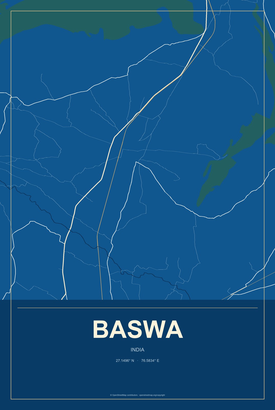Baswa, India City Map Aluminum Sign in Harbor Cobalt style