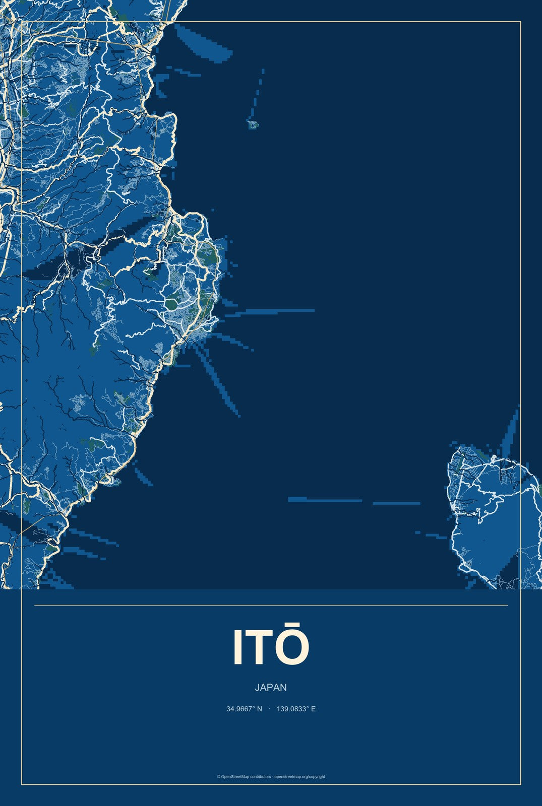 Itō, Japan City Map Aluminum Sign in Harbor Cobalt style
