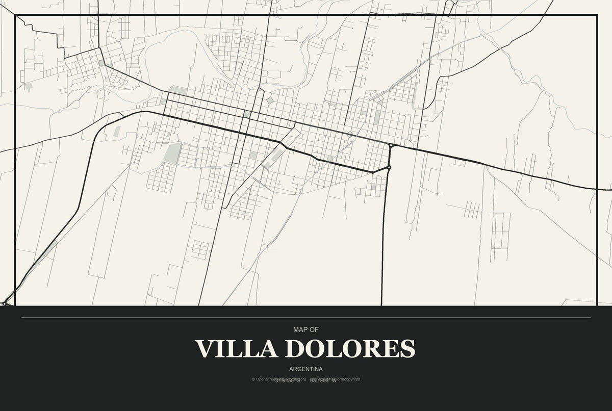 Villa Dolores, Argentina City Map Aluminum Sign in Museum Plaque style