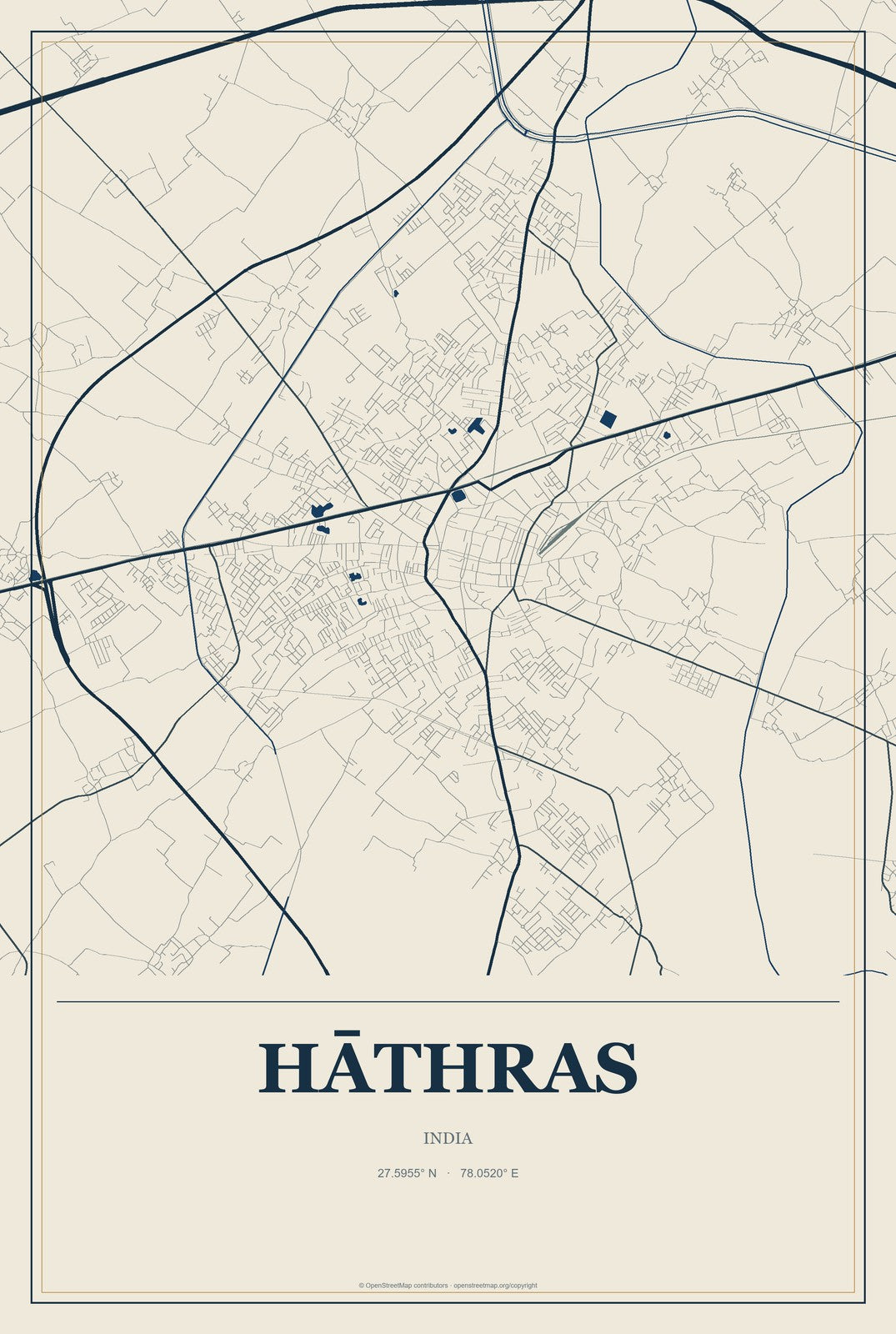 Hāthras, India City Map Aluminum Sign in Coastal Cutout style