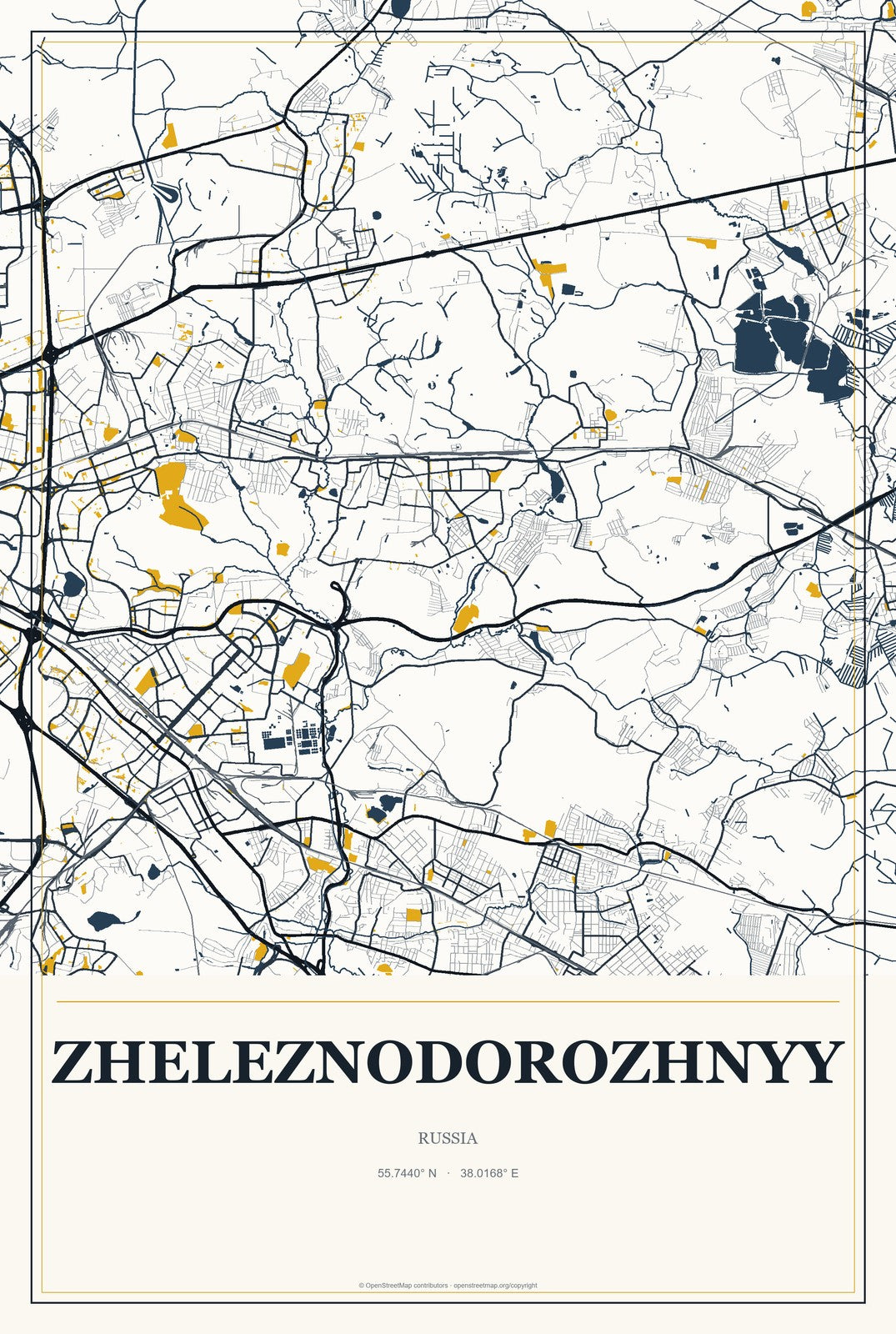 Zheleznodorozhnyy, Russia City Map Aluminum Sign in Citrine Modern style