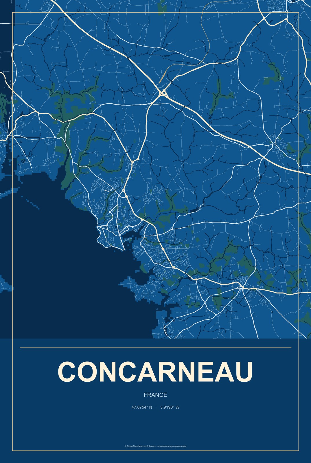 Concarneau, France City Map Aluminum Sign in Harbor Cobalt style