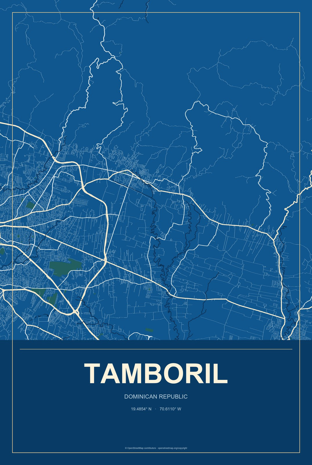 Tamboril, Dominican Republic City Map Aluminum Sign in Harbor Cobalt style