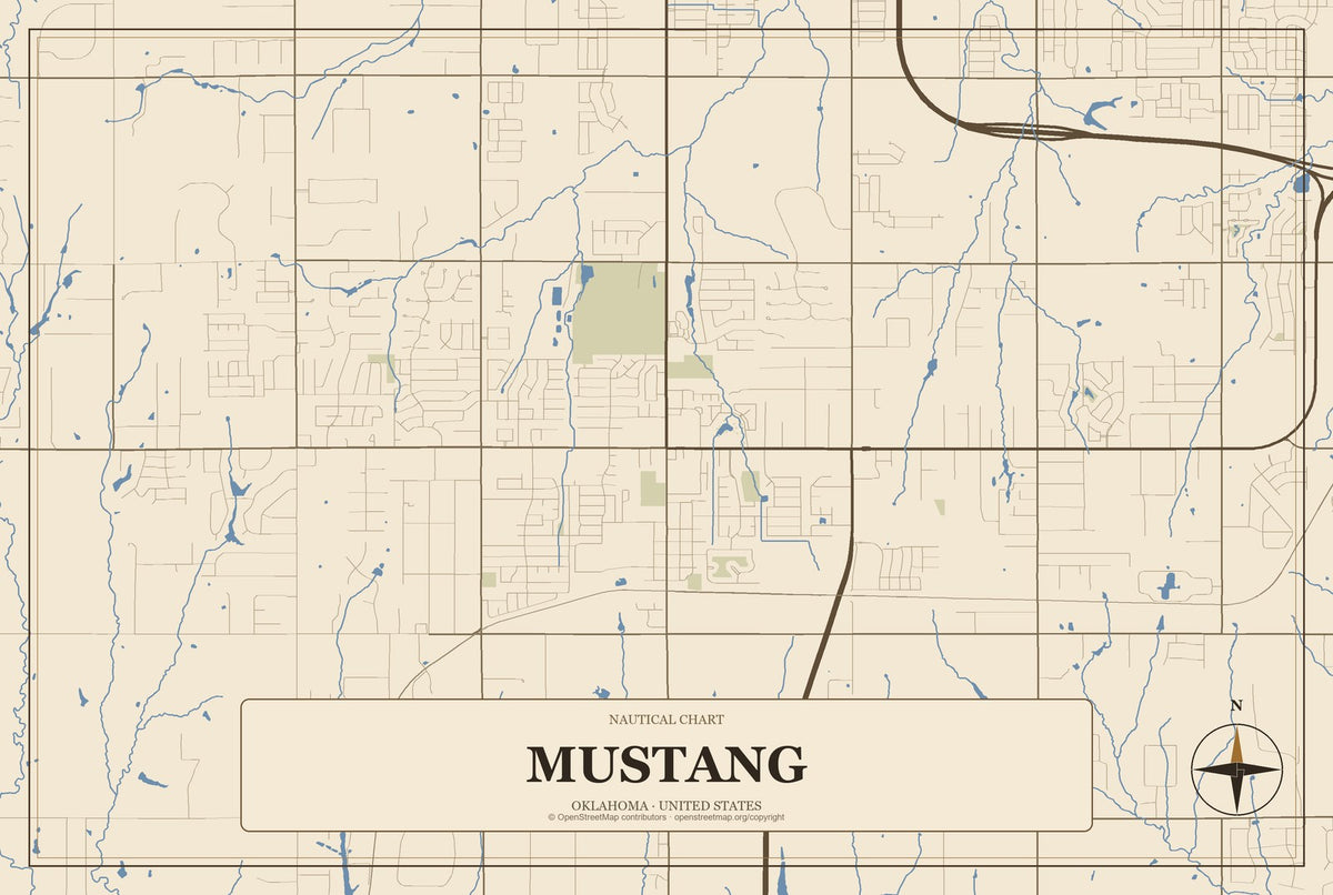 Mustang, Oklahoma City Map Aluminum Sign in Heritage Nautical style