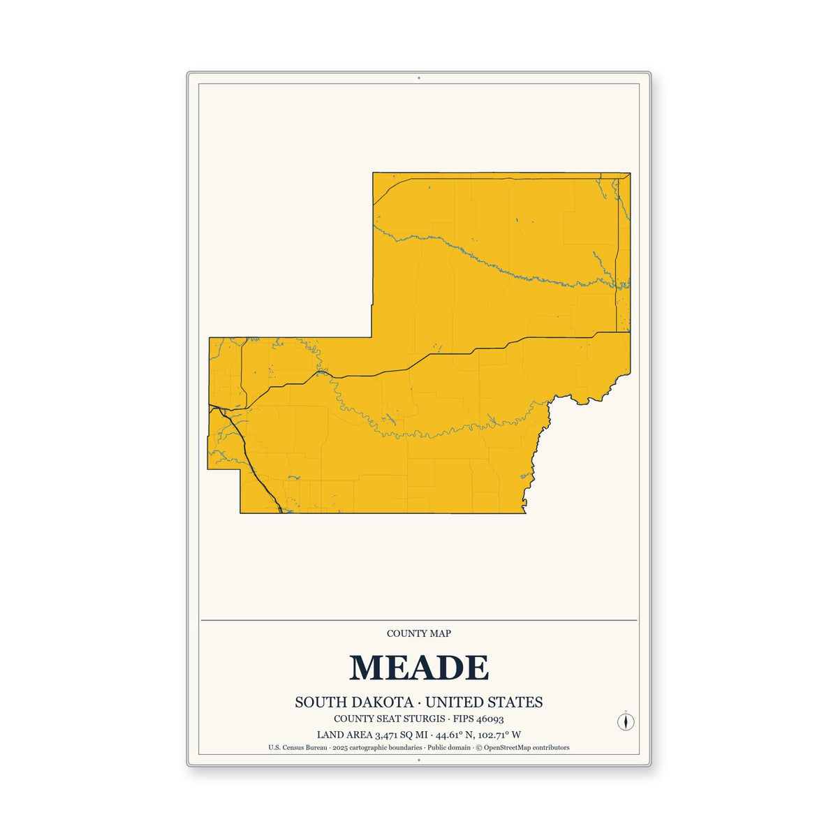 Meade County, South Dakota Map Aluminum Sign in Citrine Modern style