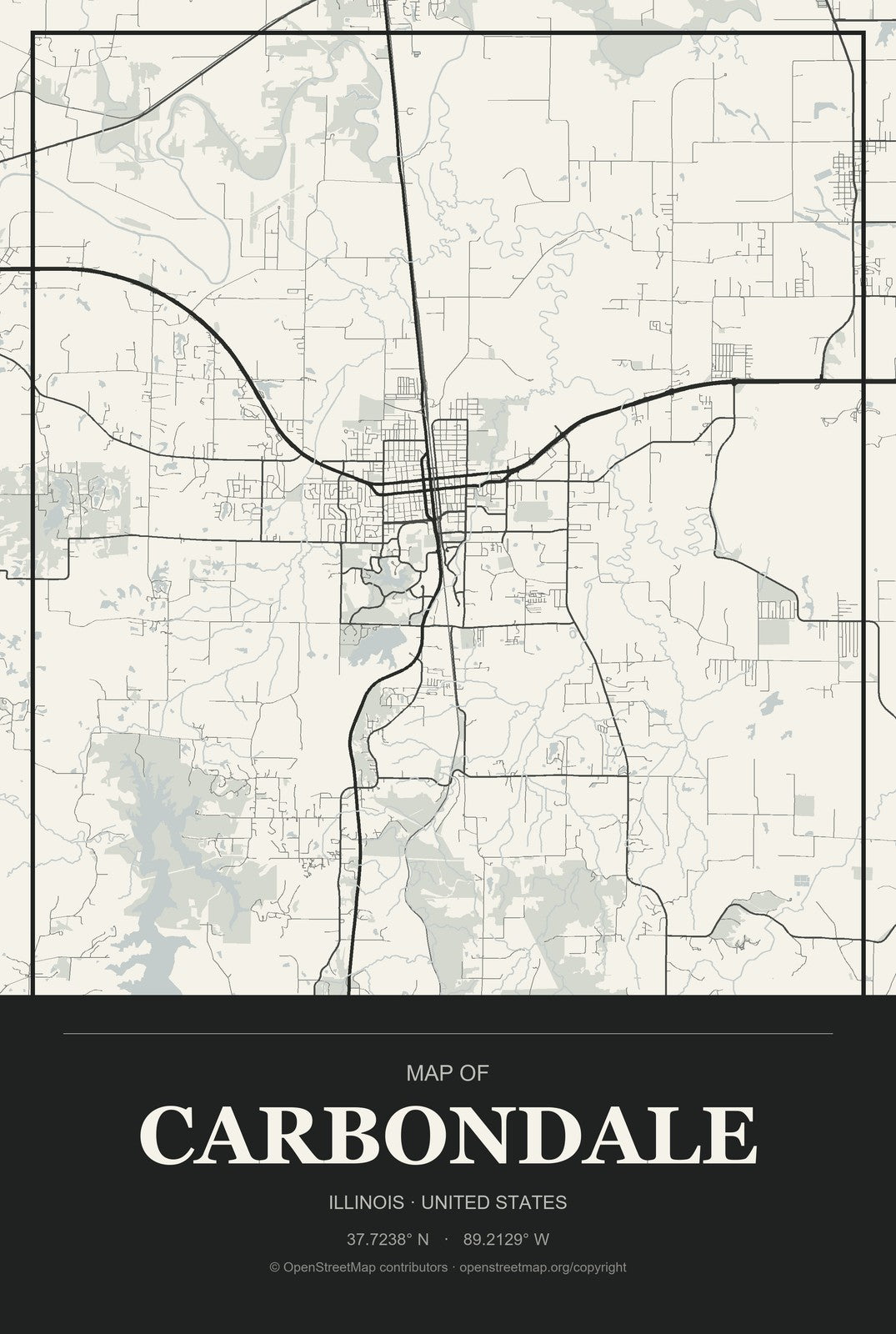 Carbondale, Illinois City Map Aluminum Sign in Museum Plaque style